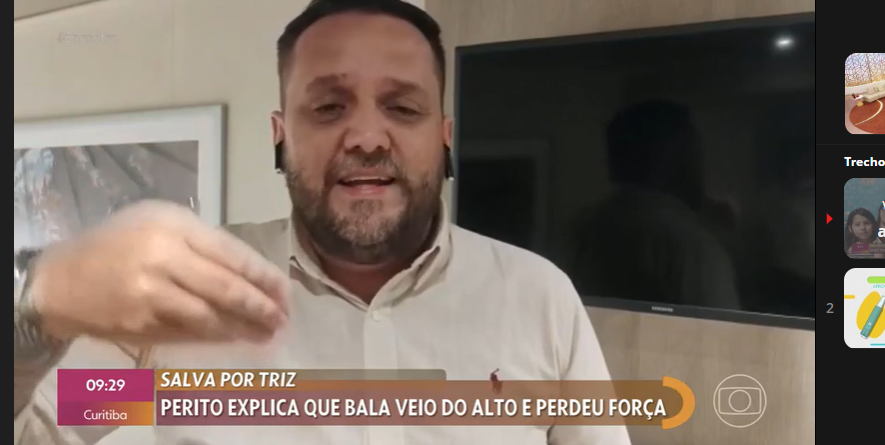 Ricardo Caires perito judicial participou no dia 03/01/2023 na emissora EPTV de televisão da Rede Globo no programa da Patrícia Poeta com o tema sobre "Balística Forense"