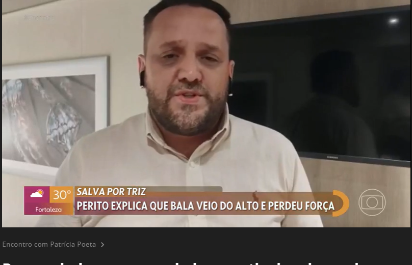 Ricardo Caires perito judicial participou no dia 03/01/2023 na emissora EPTV de televisão da Rede Globo no programa da Patrícia Poeta com o tema sobre "Balística Forense"